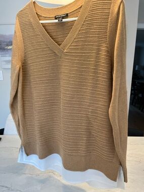 Hilary Radley Camel V-Neck Ribbed Sweater